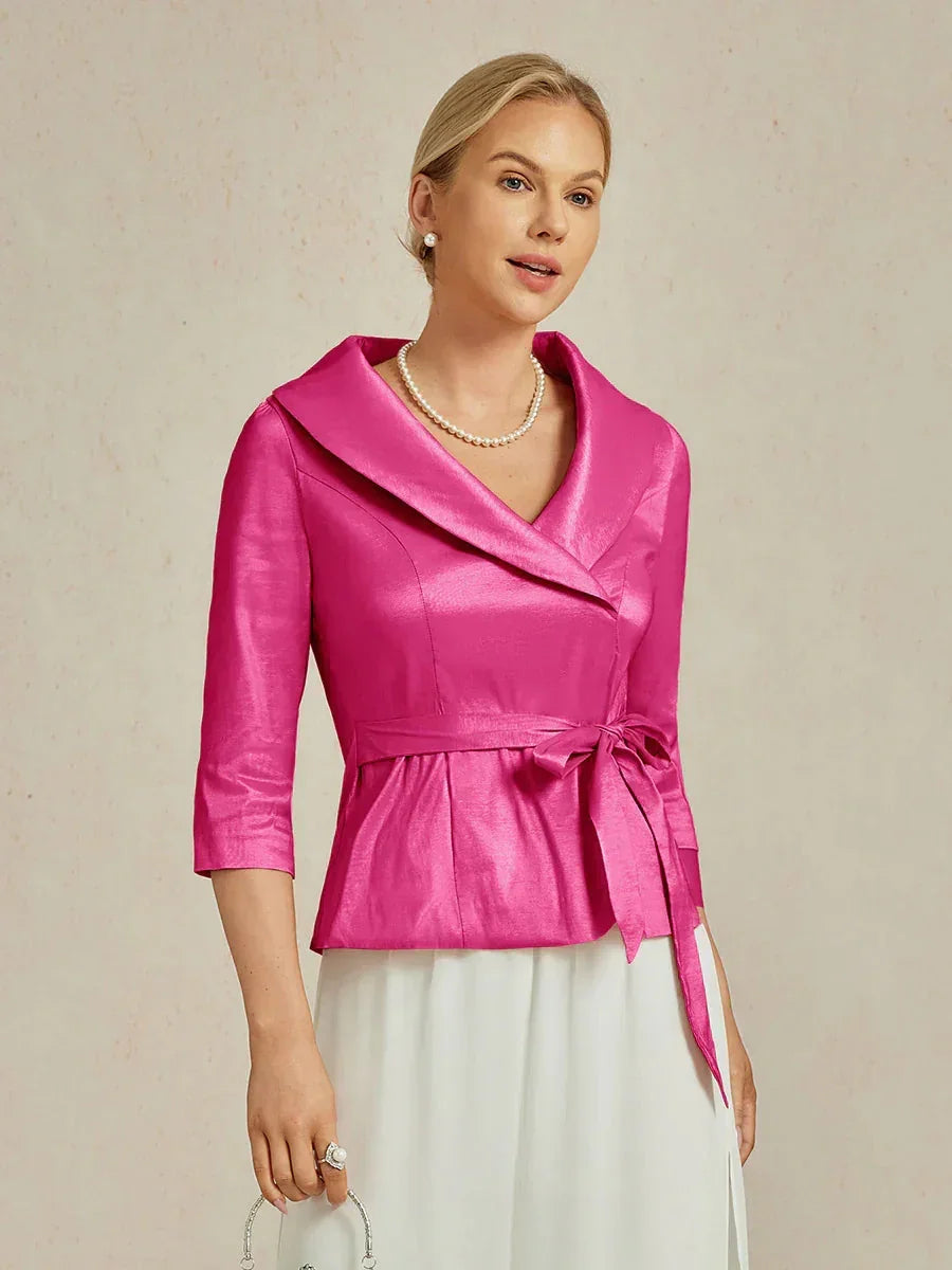 3/4 mouw stretch taffeta blouse met ceintuurdetail