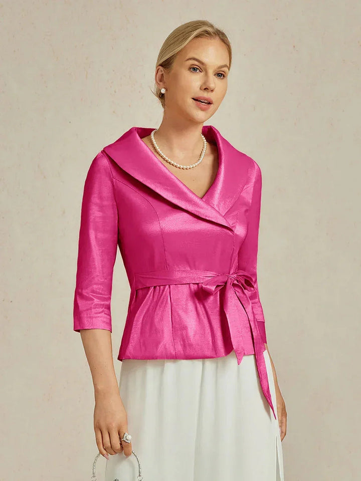 3/4-Sleeve Stretch Taffeta Blouse with Belt Detail