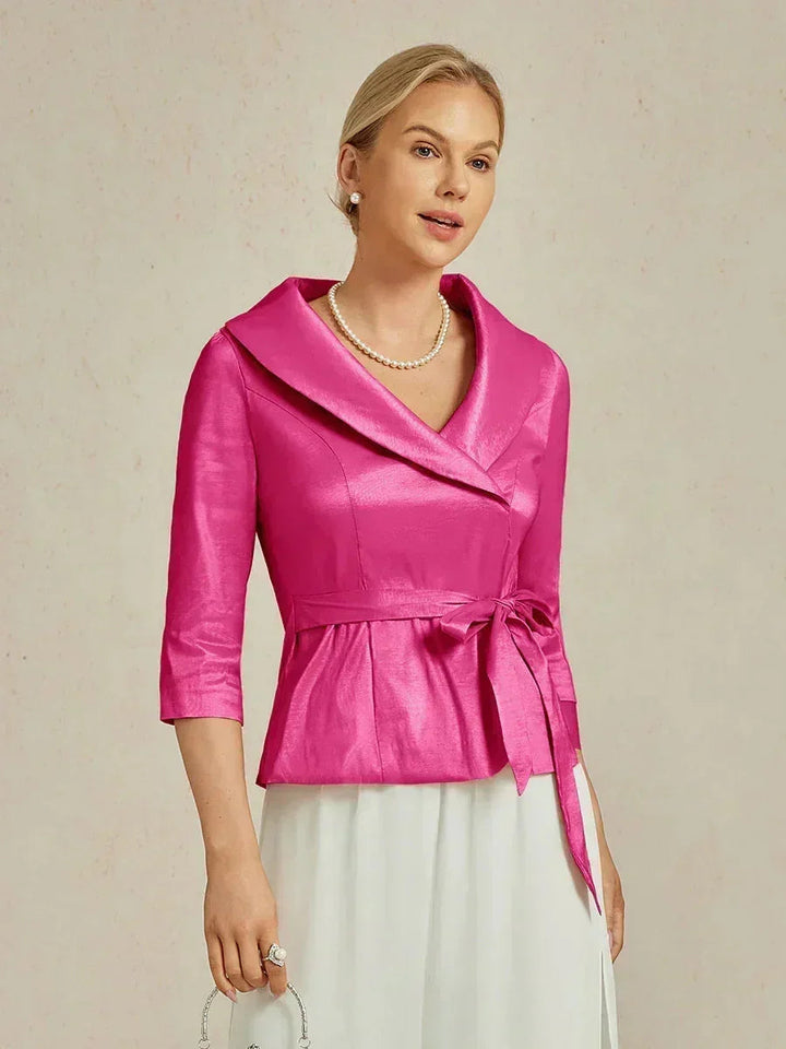 3/4 mouw stretch taffeta blouse met ceintuurdetail
