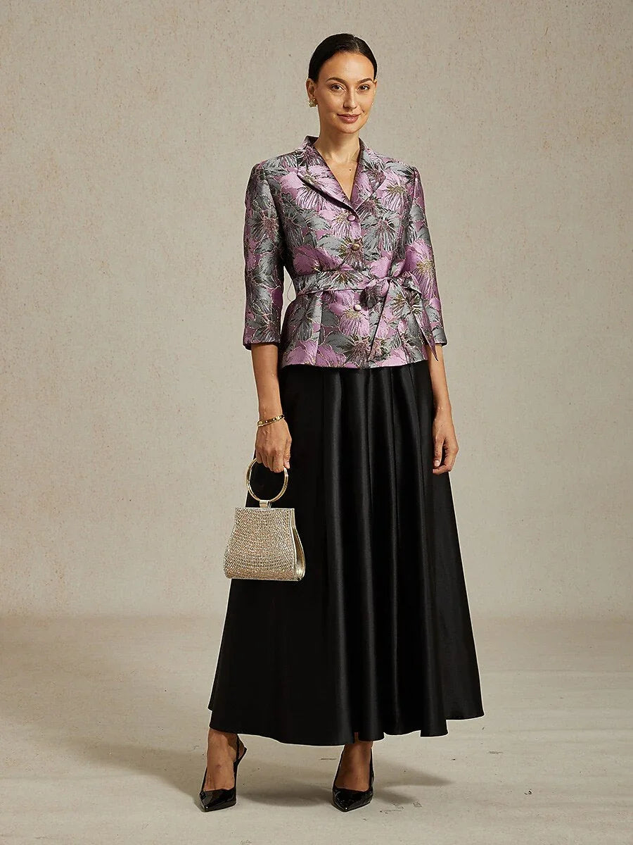 3/4-Sleeve Floral Jacquard Blouse with Tie Belt