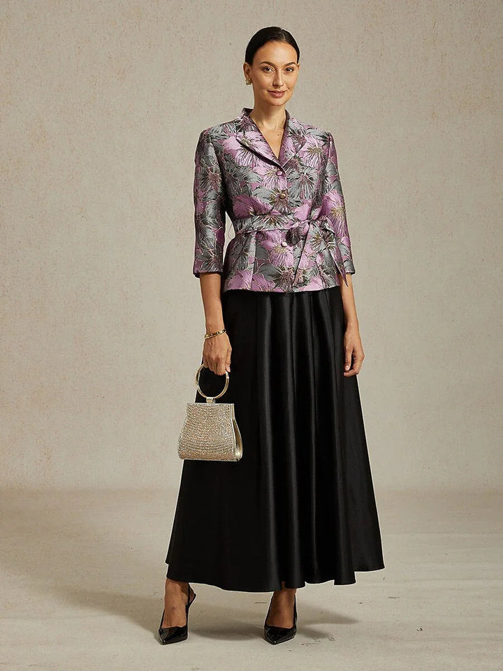 3/4-Sleeve Floral Jacquard Blouse with Tie Belt