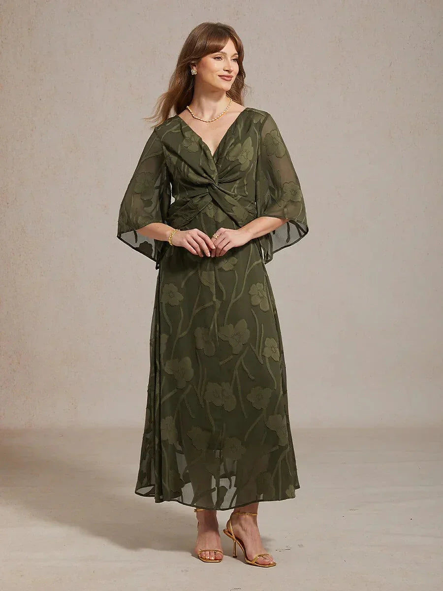 Chiffon Maxi-Jurk Met Kanten Bloemen En Gedraaide Ruches