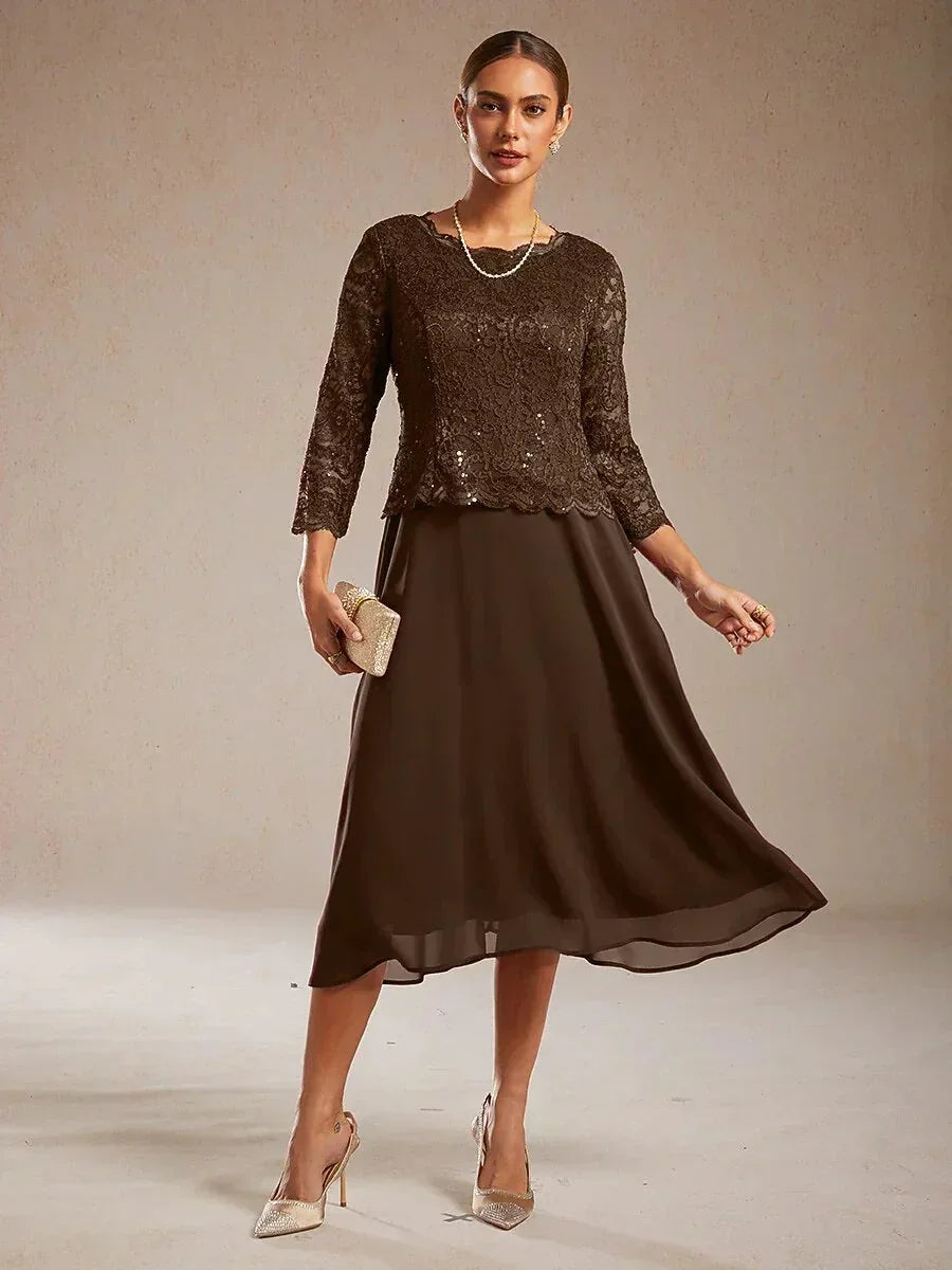 Elegante kanten- en chiffon theelange jurk