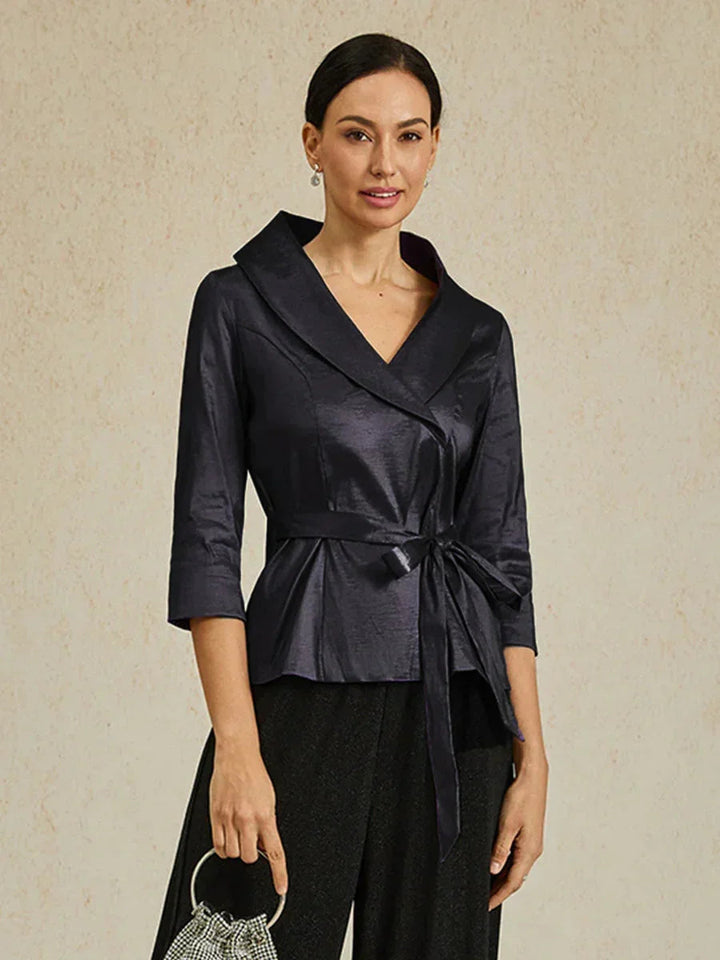 3/4-Sleeve Stretch Taffeta Blouse with Belt Detail
