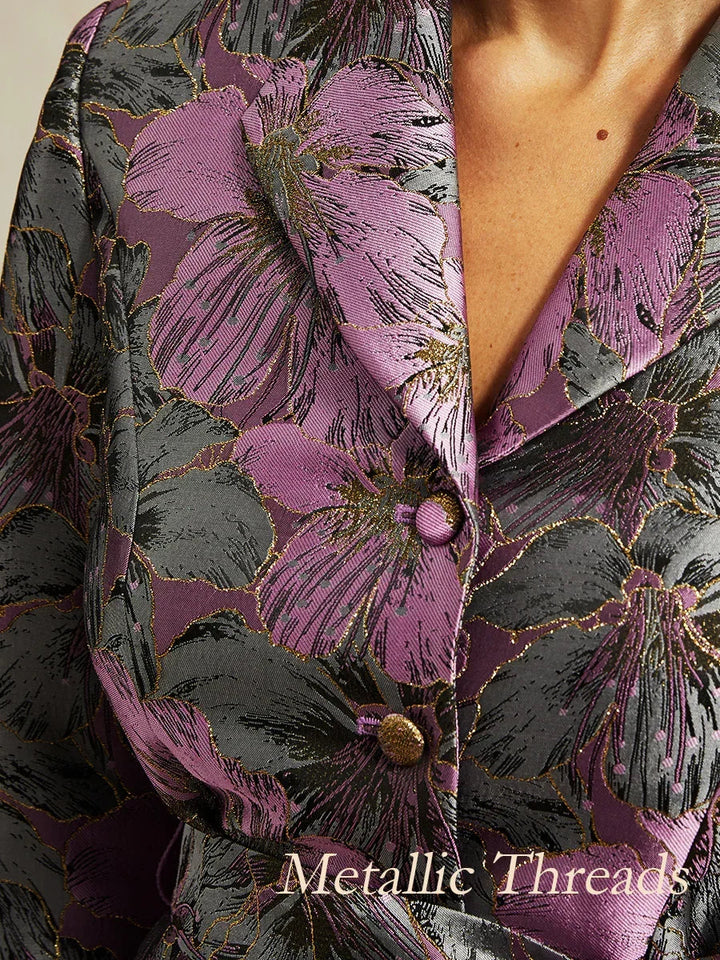 3/4-Sleeve Floral Jacquard Blouse with Tie Belt