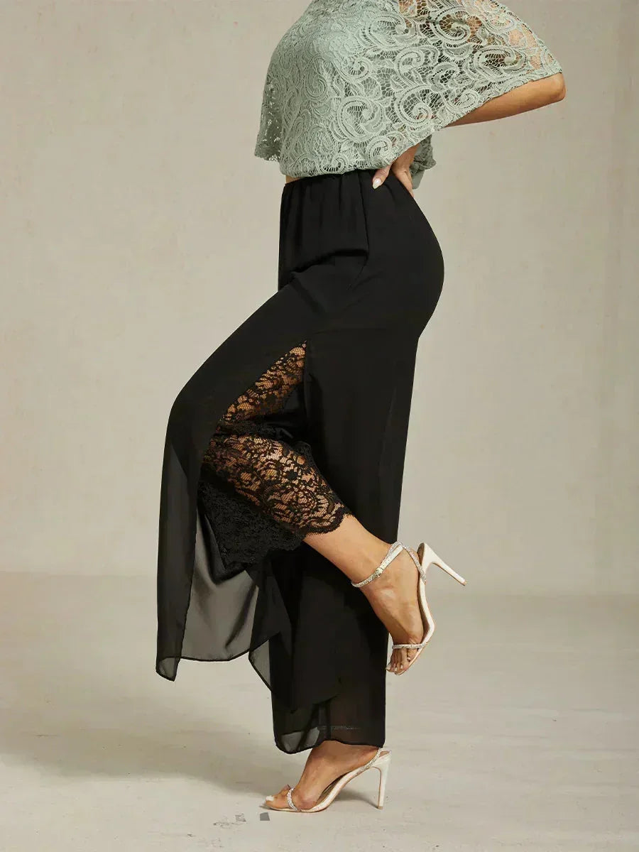 Kanten Broek Met Rechte Pijpen En Chiffon Split-Overlay