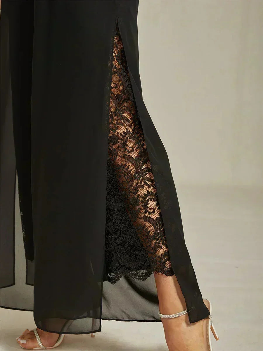 Rechte Broek Met Chiffon-Overlay En Split