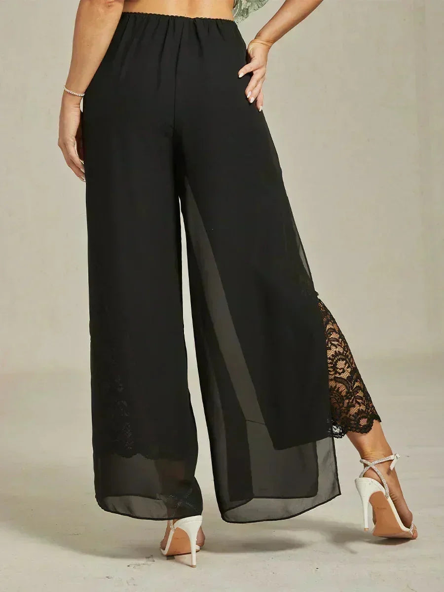 Rechte Broek met Chiffon-Overlay en Gespleten Pijp