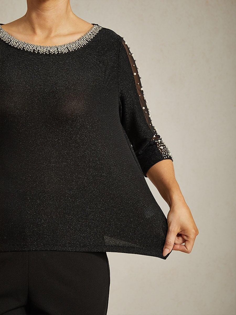 Met Kralen 3/4-Mouw Metallic Gebreide Blouse