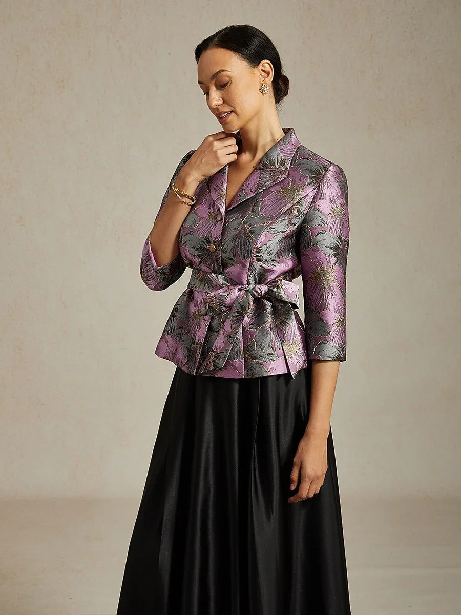 3/4-Sleeve Floral Jacquard Blouse with Tie Belt