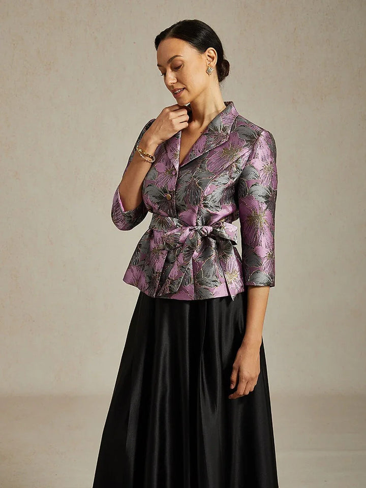 3/4-Sleeve Floral Jacquard Blouse with Tie Belt