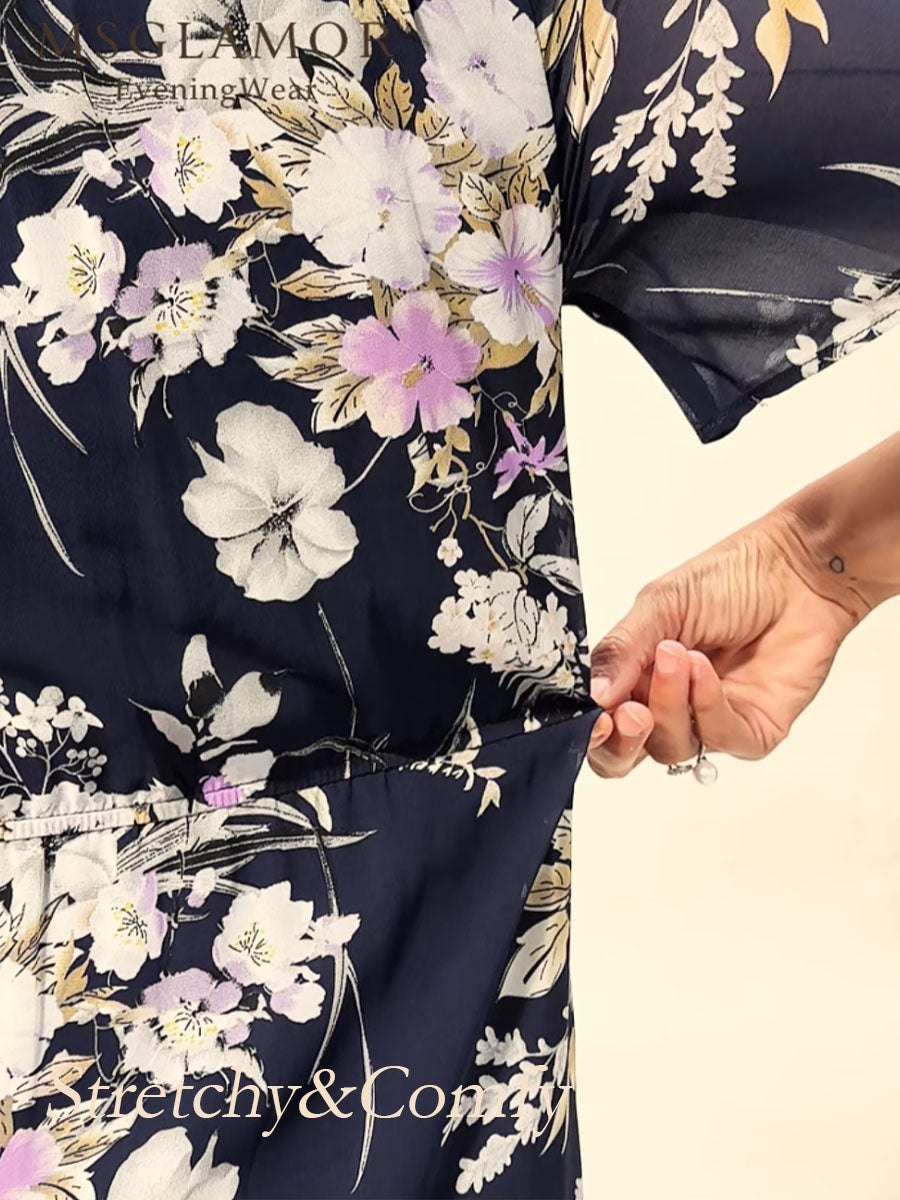Bloemenchiffon V-hals Midi-jurk met Ruches