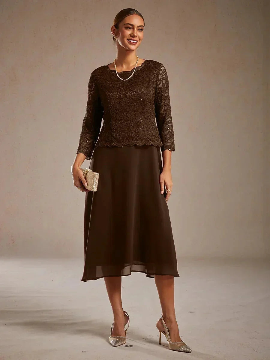 Elegante kanten- en chiffon theelange jurk