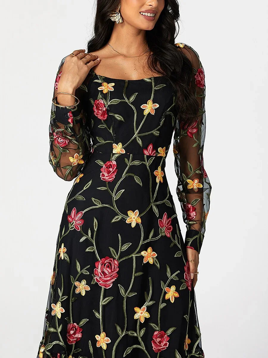 Floral Embroidery Mesh Square Neck Maxi Dress