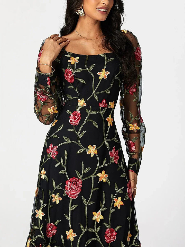 Floral Embroidery Mesh Square Neck Maxi Dress