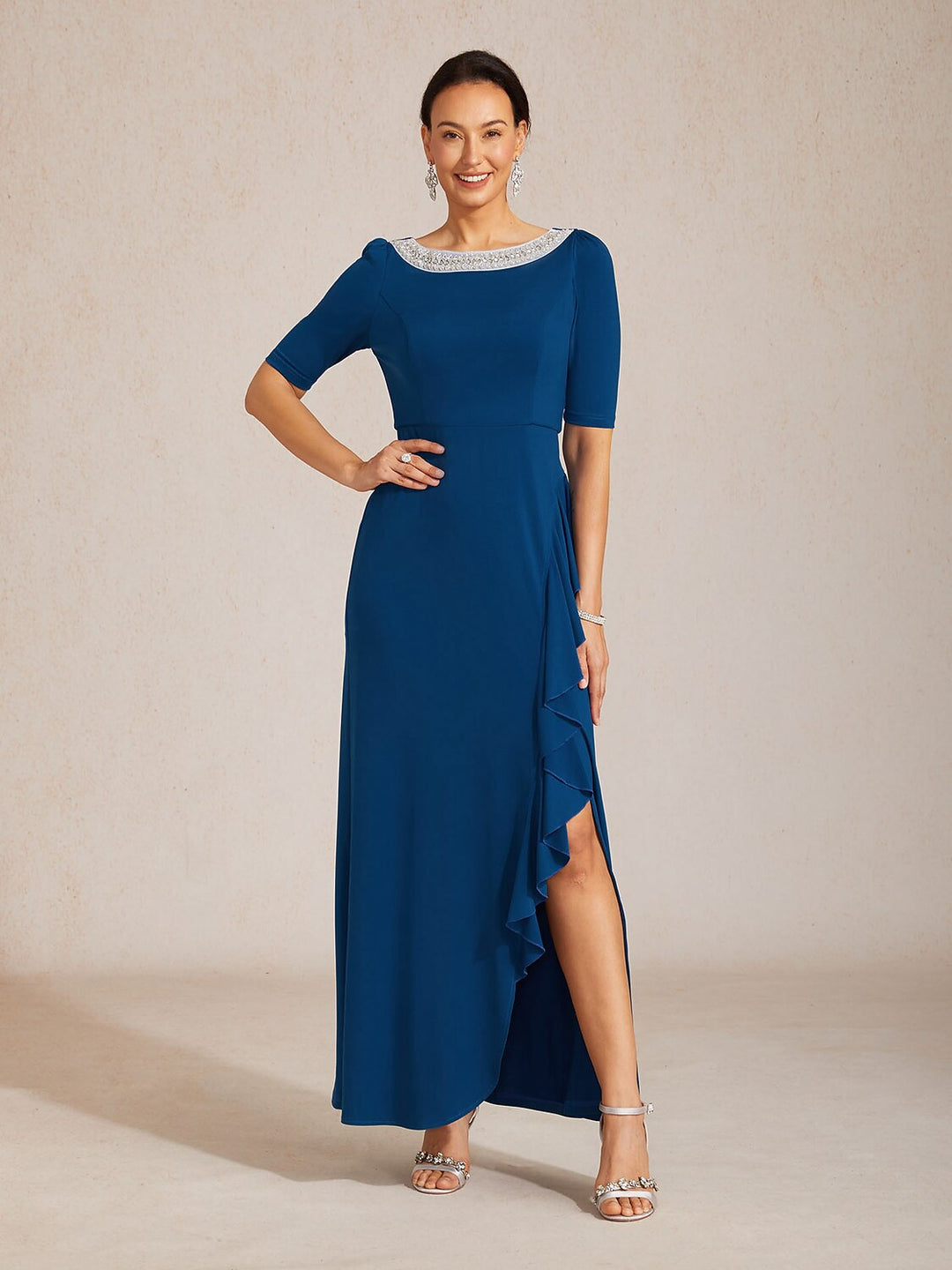 Boat Neck Ruffle A-Line Maxi Dress with Rhinestone Neck Detail