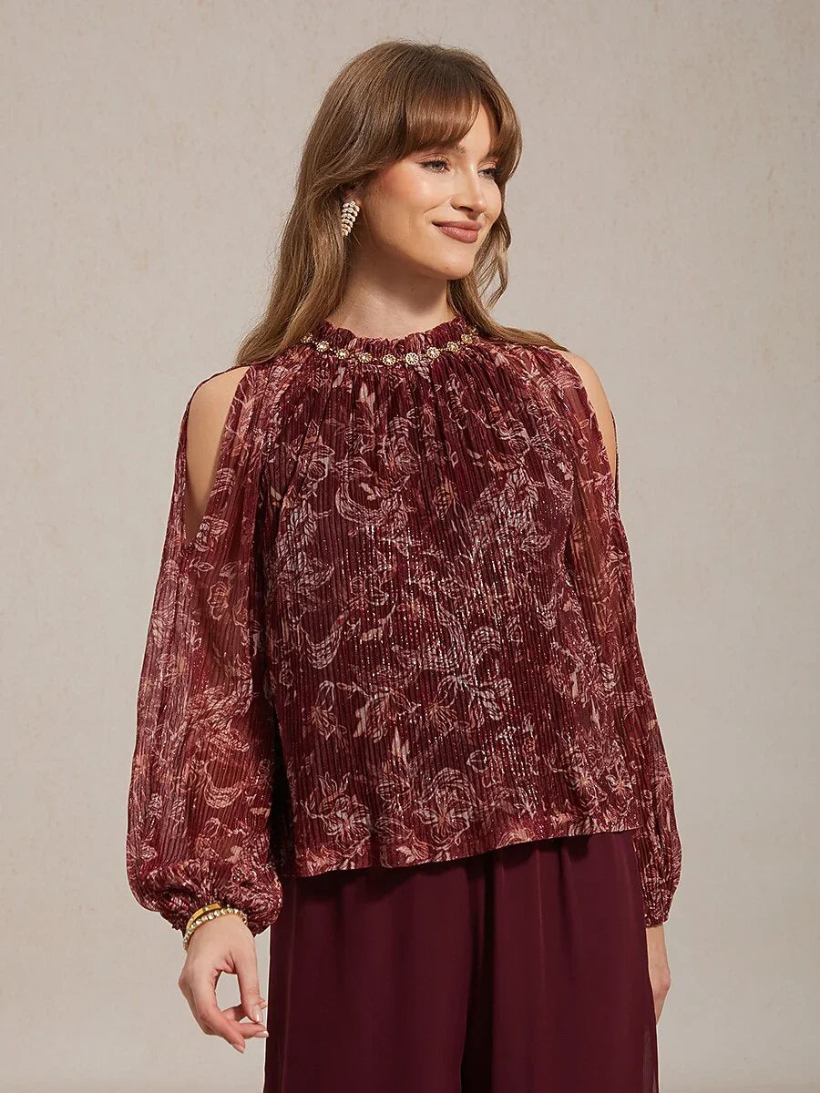 Chiffonblouse Met Ruches, Open Schouders En Metallicdetail