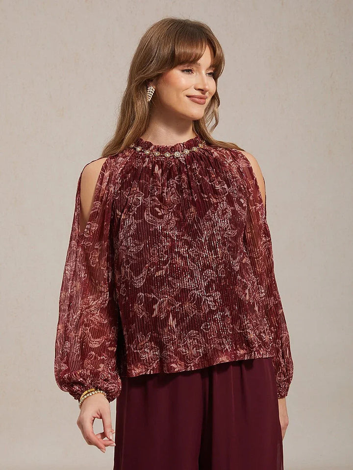 Chiffonblouse Met Ruches, Open Schouders En Metallicdetail