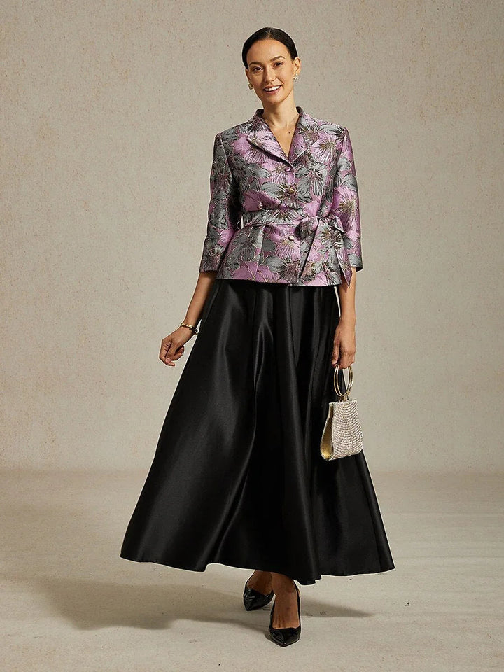 3/4-Sleeve Floral Jacquard Blouse with Tie Belt