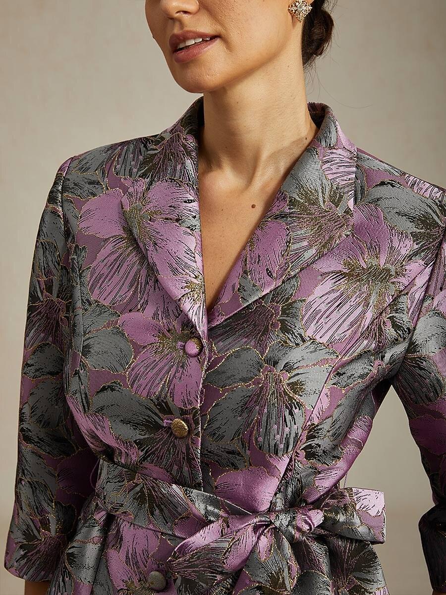 3/4-Sleeve Floral Jacquard Blouse with Tie Belt
