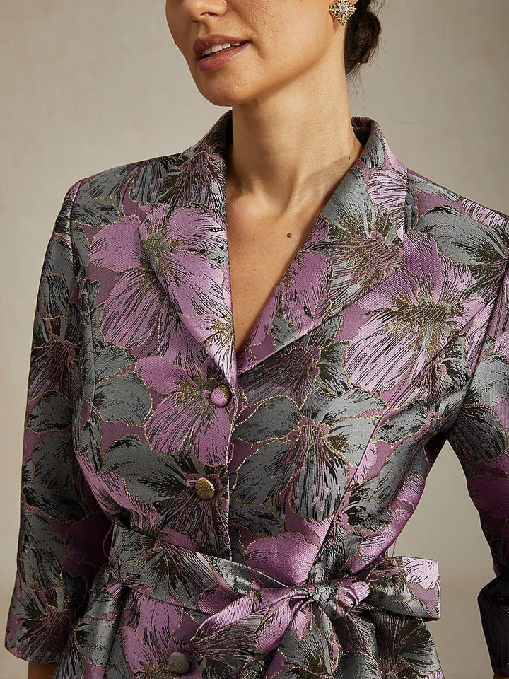 3/4-Sleeve Floral Jacquard Blouse with Tie Belt