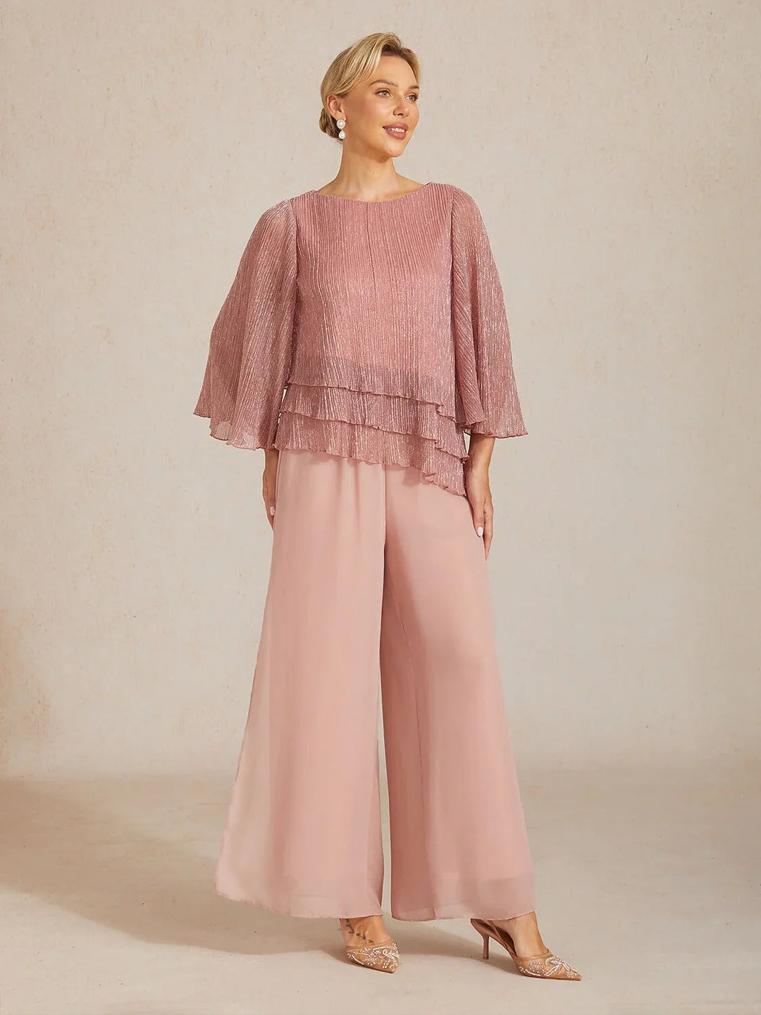 Metallische Geplooide Chiffon Asymmetrische Gelaagde Blouse