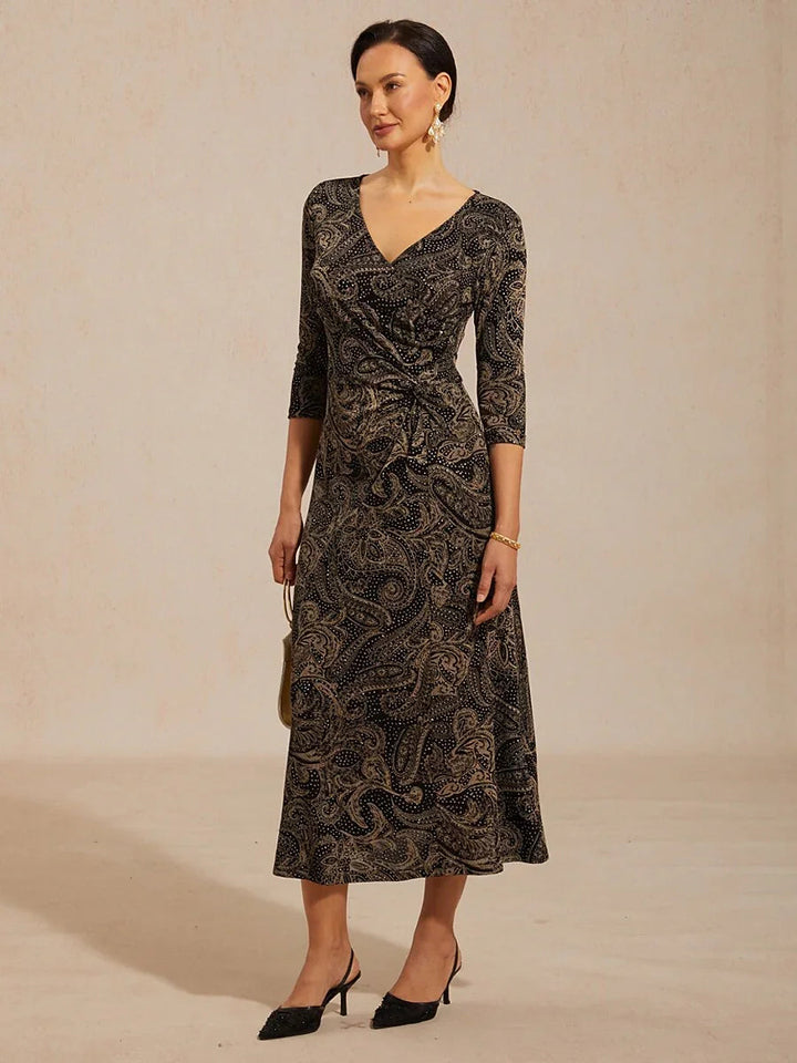 Paisley V-Hals A-Lijn Gebreide Jurk met Taille-Twist