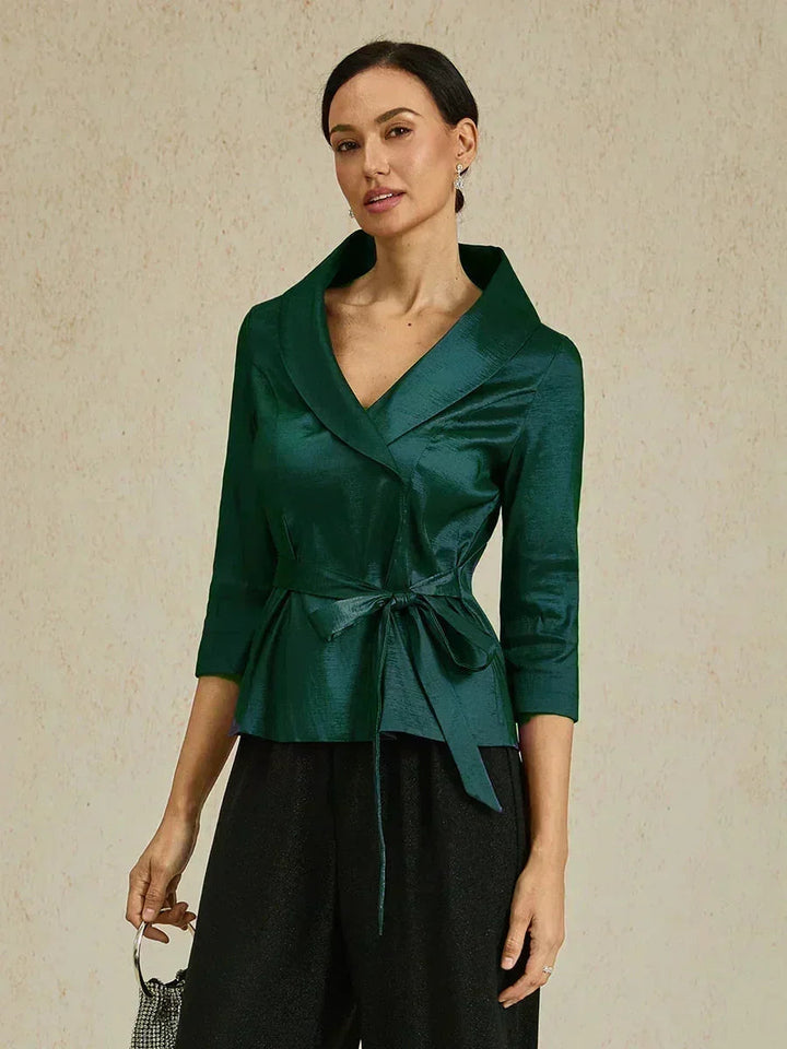 3/4 mouw stretch taffeta blouse met ceintuurdetail