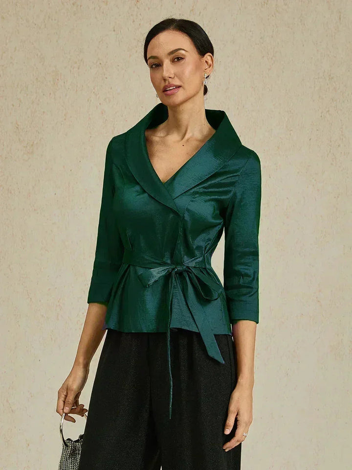 3/4 mouw stretch taffeta blouse met ceintuurdetail