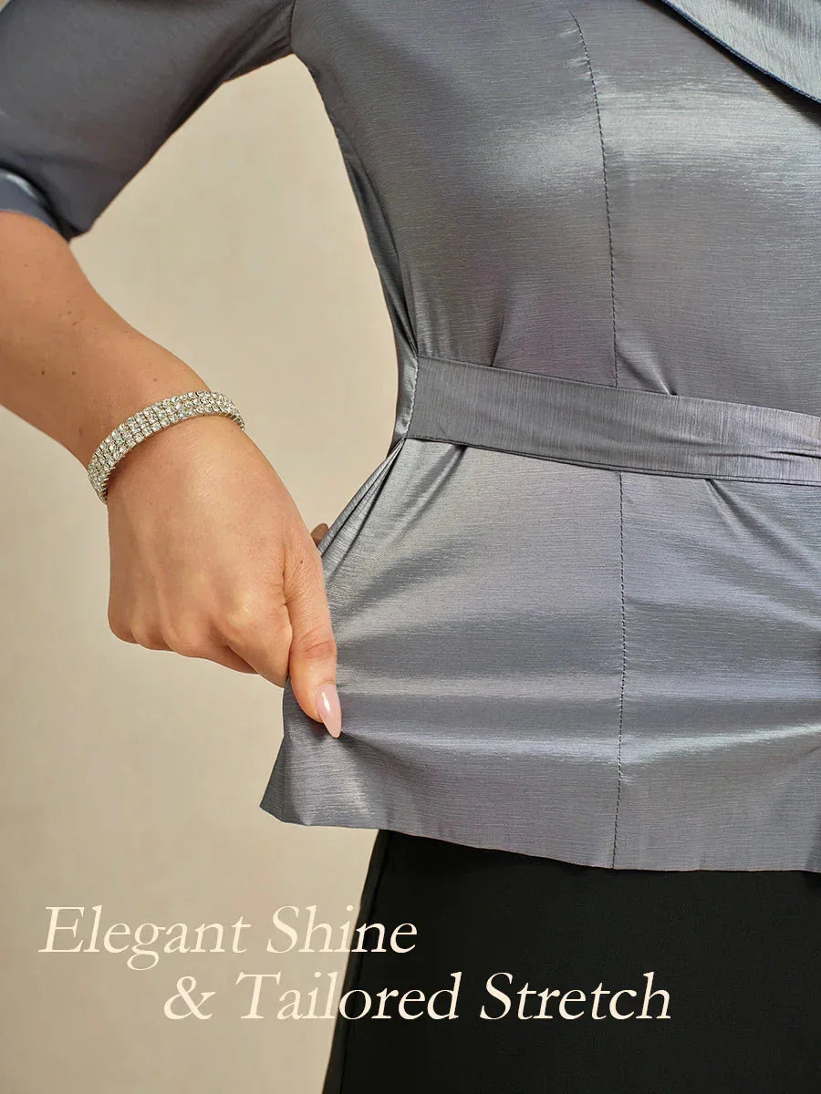3/4-Sleeve Stretch Taffeta Blouse with Belt Detail