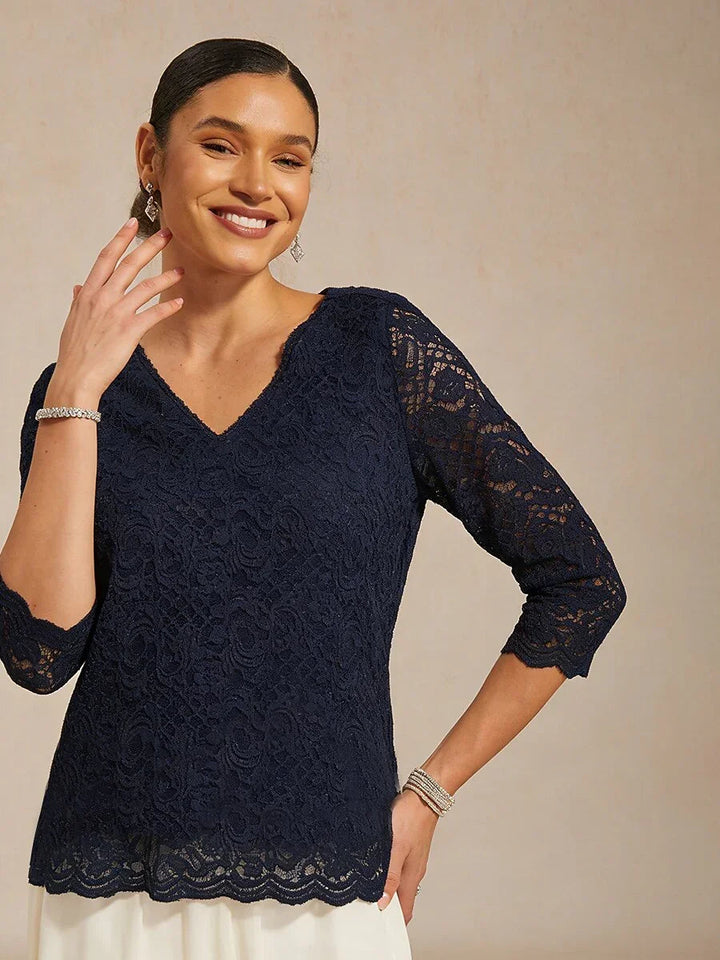 Vrouwelijke V-hals Stretch Kanten Top met Geschulpte Zoom