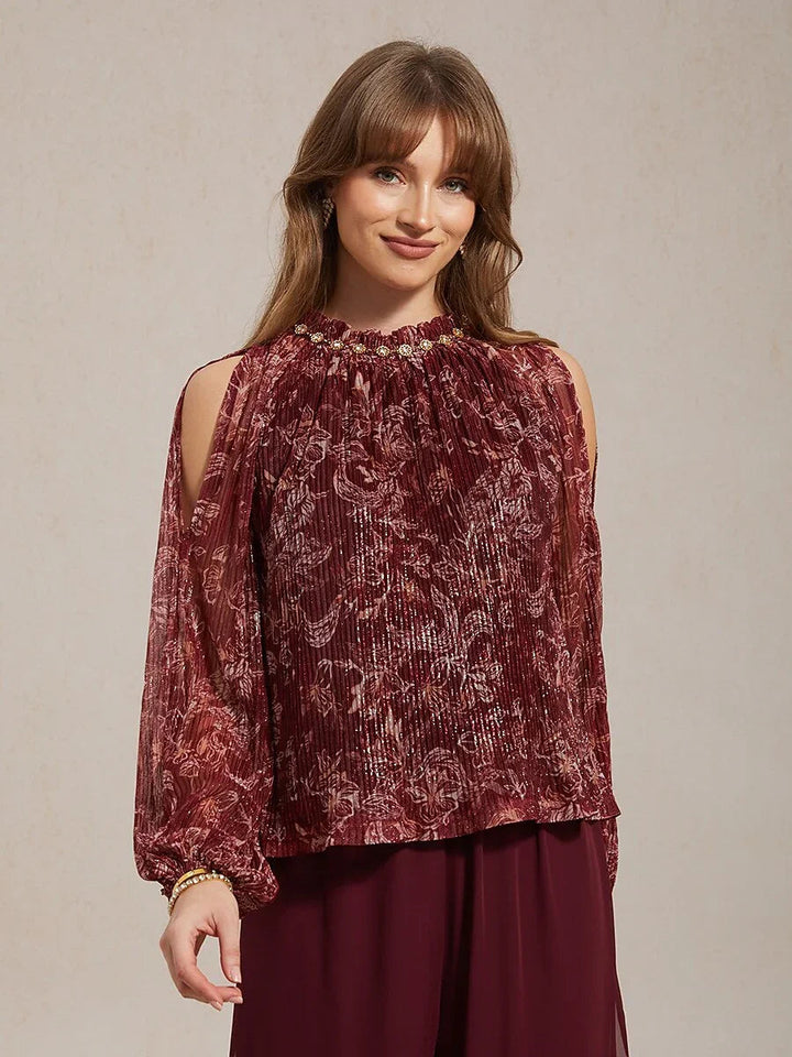 Chiffonblouse Met Ruches, Open Schouders En Metallicdetail