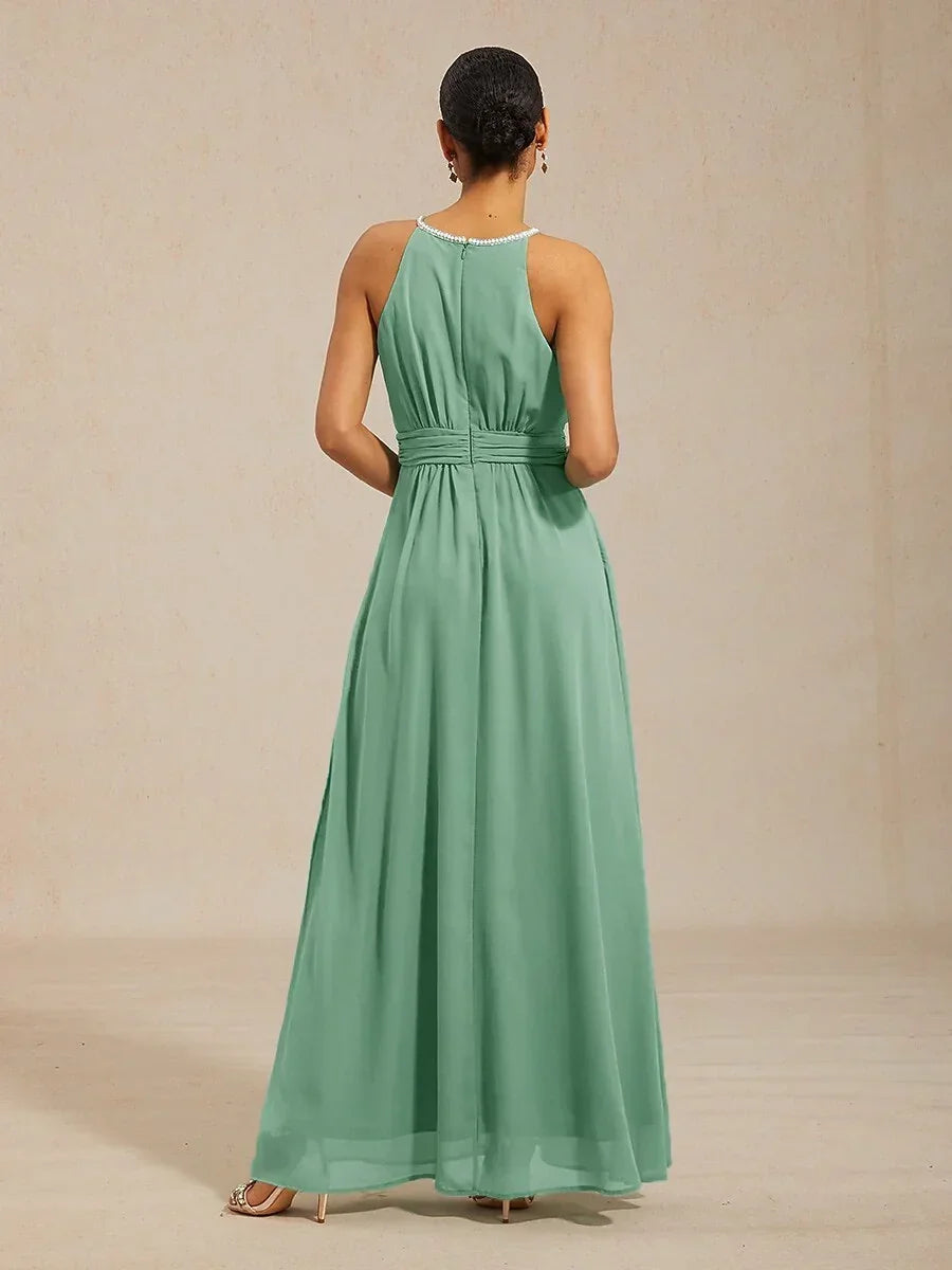 Chiffon Parel Halterhals Vloerlang Jurk met Kreukbestendig Chiffon