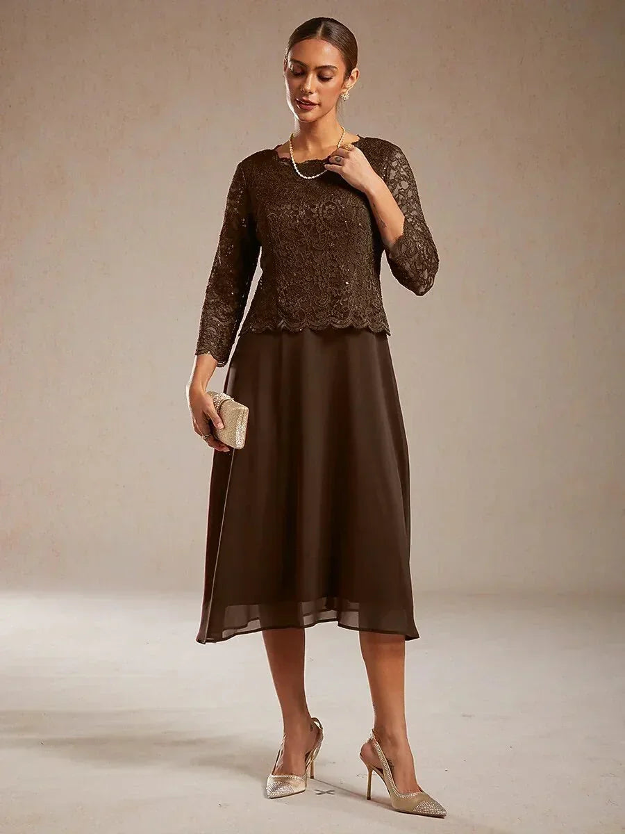 Elegante kanten- en chiffon theelange jurk