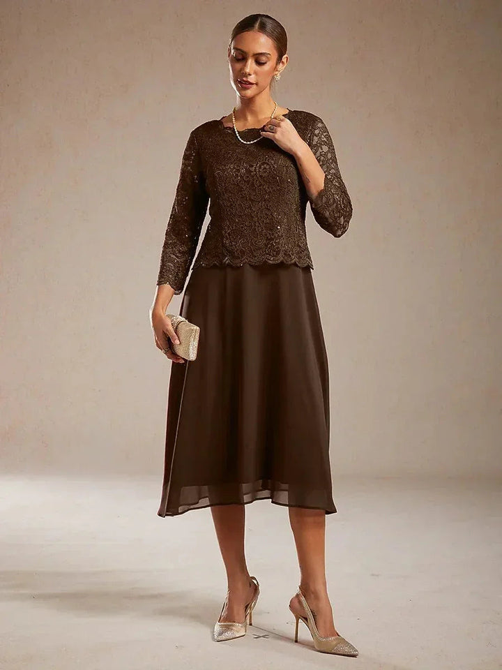 Elegante kanten- en chiffon theelange jurk