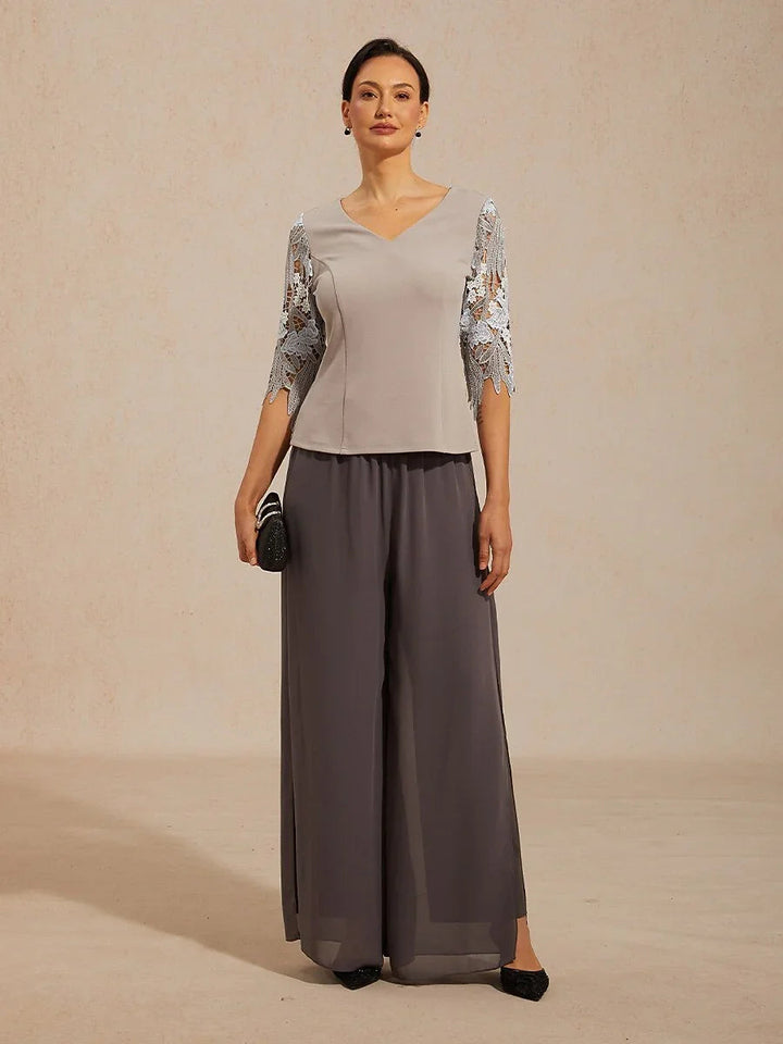 V-Neck Lace Sleeve Top with Embroidered Detail