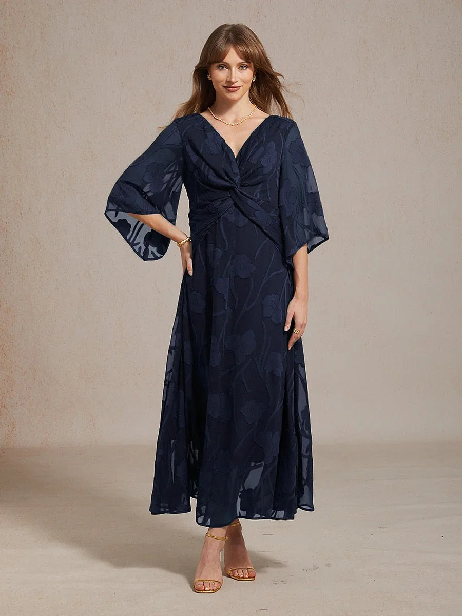 Chiffon Maxi-Jurk Met Kanten Bloemen En Gedraaide Ruches
