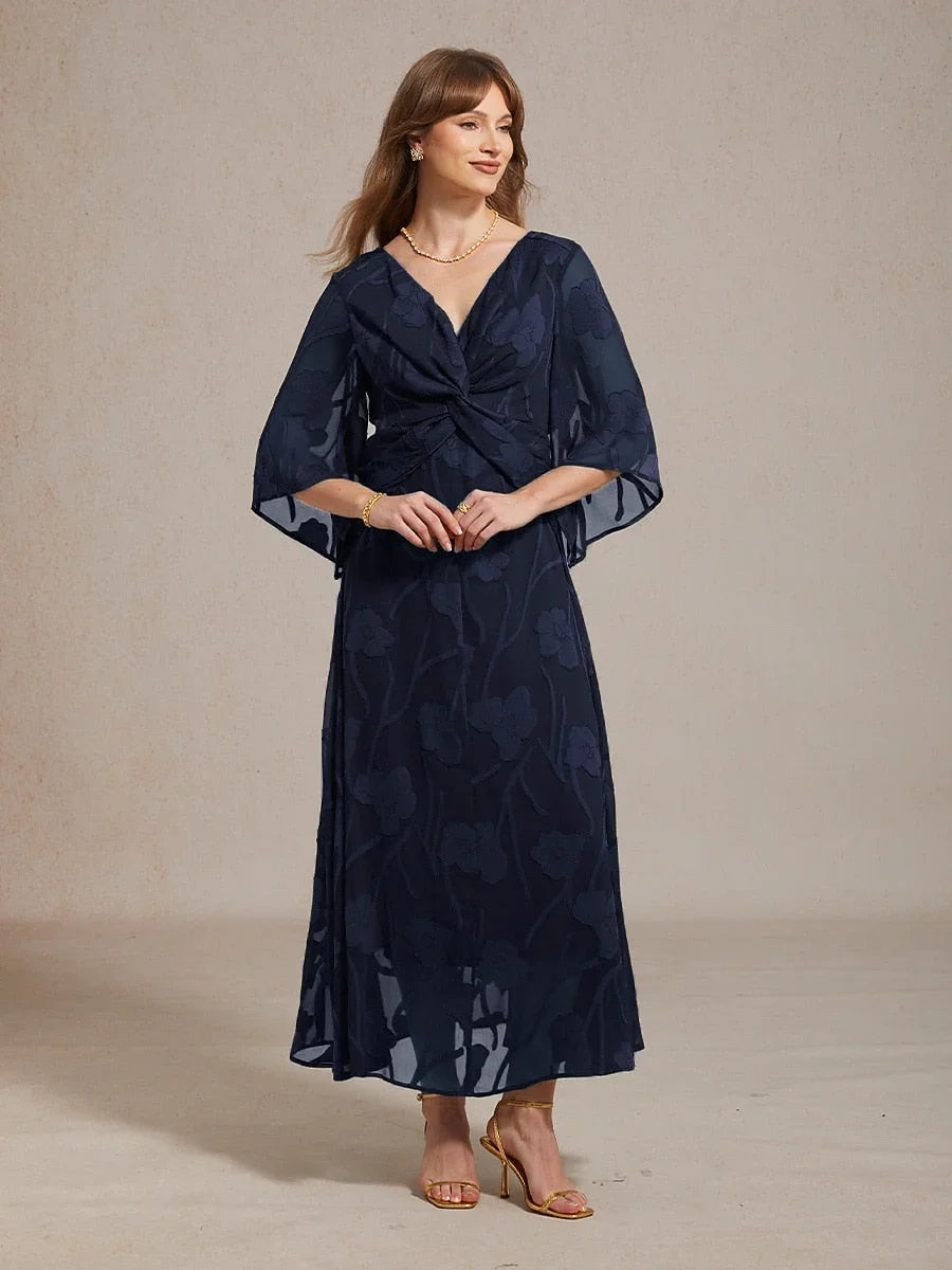 Chiffon Maxi-Jurk Met Kanten Bloemen En Gedraaide Ruches