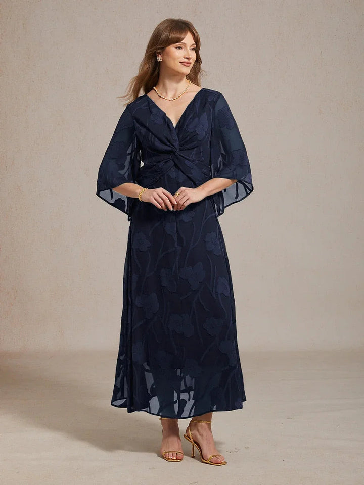 Chiffon Maxi-Jurk Met Kanten Bloemen En Gedraaide Ruches