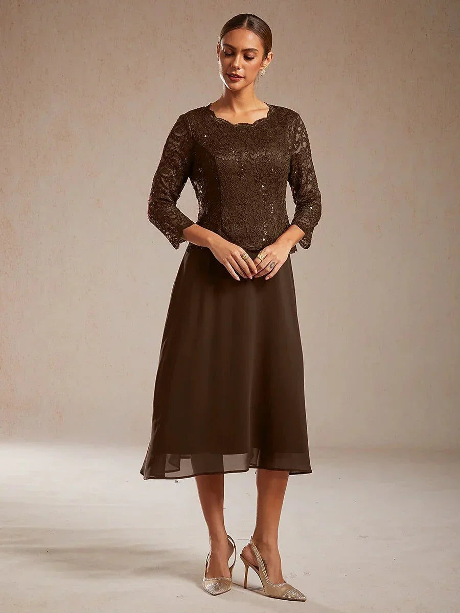 Elegante Kanten- en Chiffon Theelange Jurk
