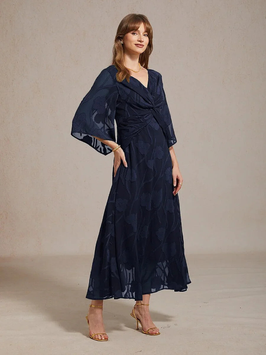 Chiffon Maxi-Jurk Met Kanten Bloemen En Gedraaide Ruches