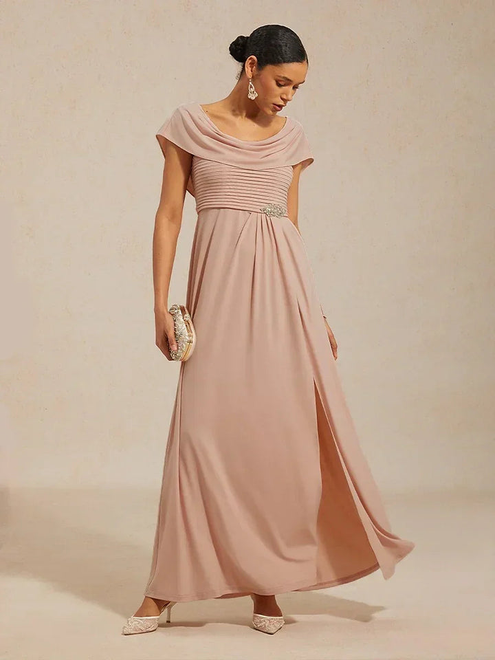 Draped Neck Jersey Evening Dress with Pleated Bodice