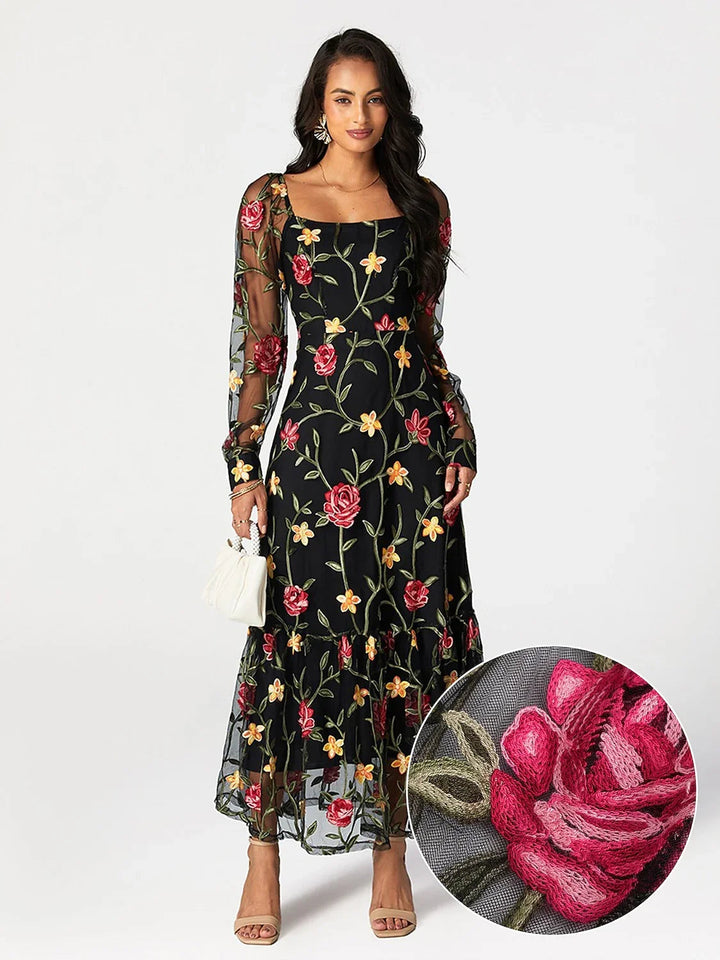 Floral Embroidery Mesh Square Neck Maxi Dress
