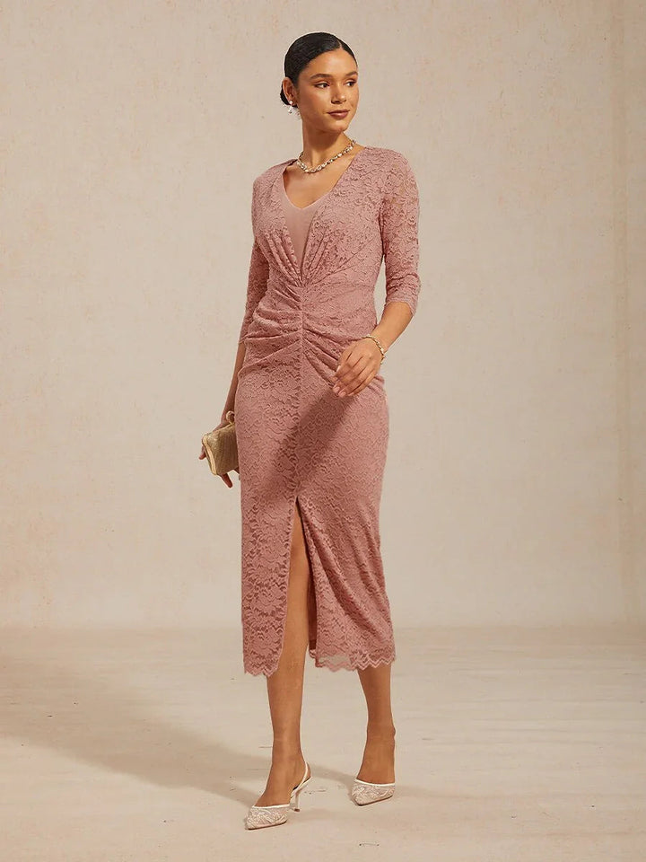 Lace Ruched Midi Dress with Front Slit