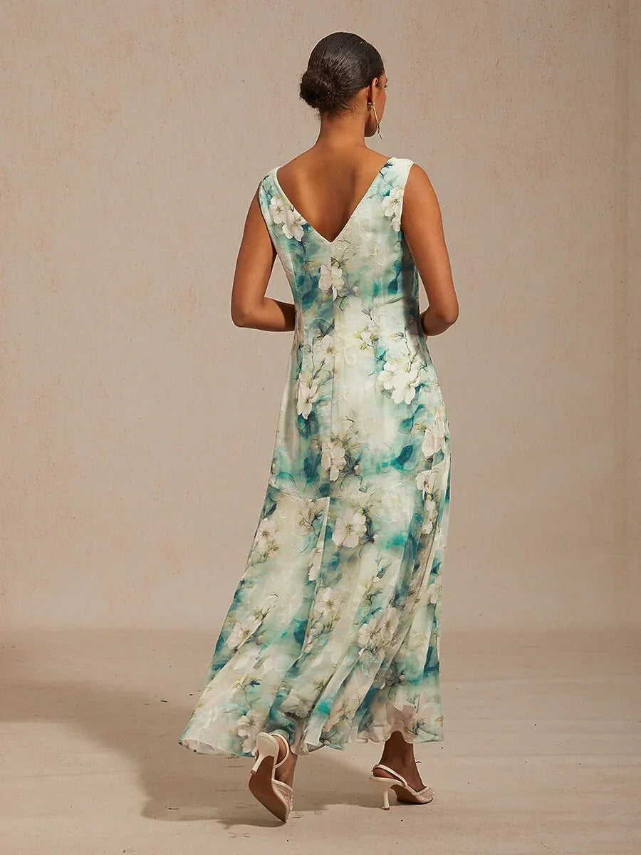 Bloemenprint jurk met col, theelange en volantzoom