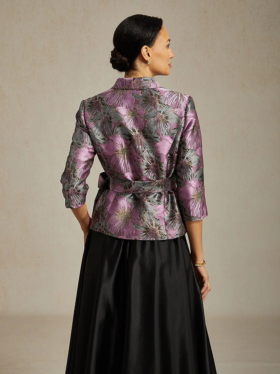 3/4-Sleeve Floral Jacquard Blouse with Tie Belt