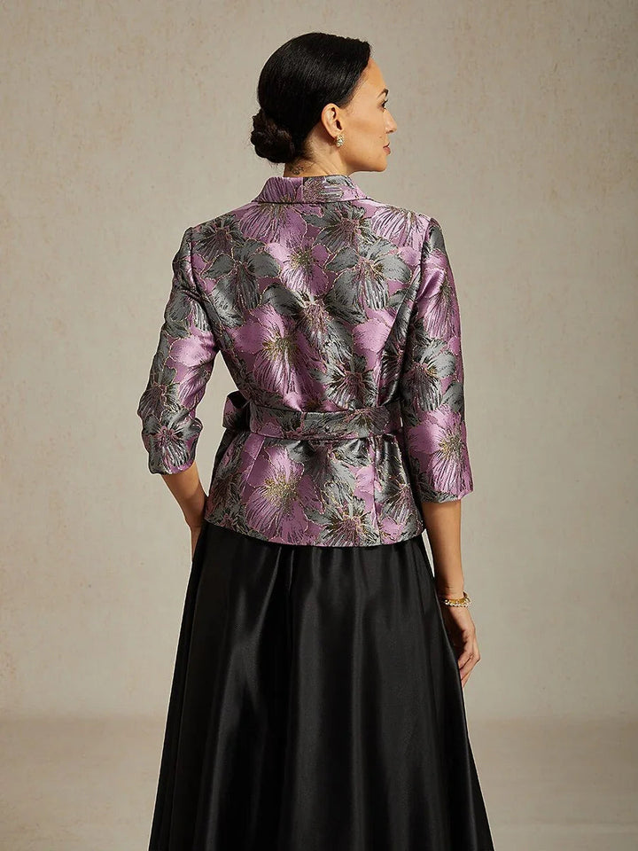 3/4-Sleeve Floral Jacquard Blouse with Tie Belt
