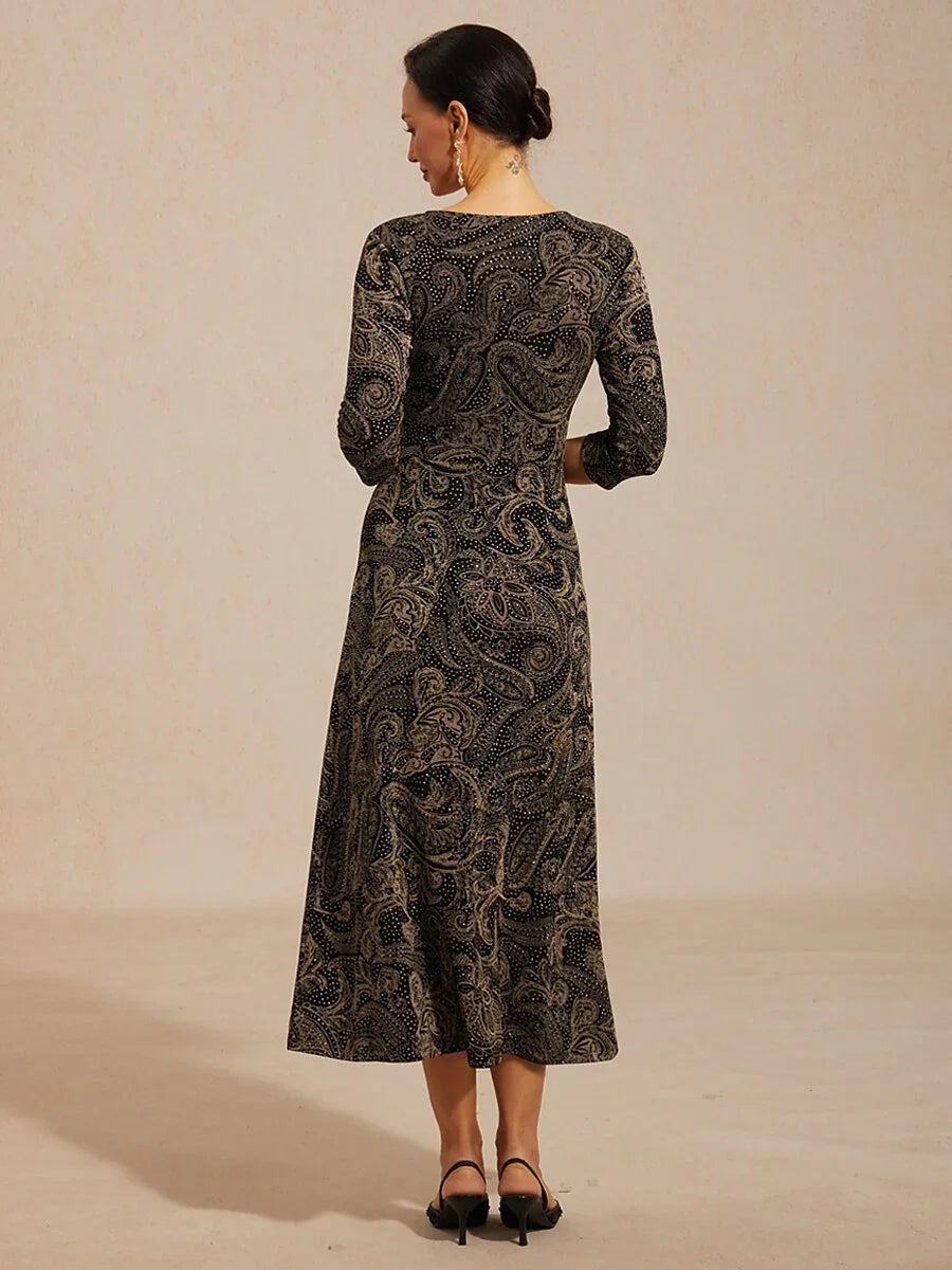 Paisley V-Hals A-Lijn Gebreide Jurk met Taille-Twist