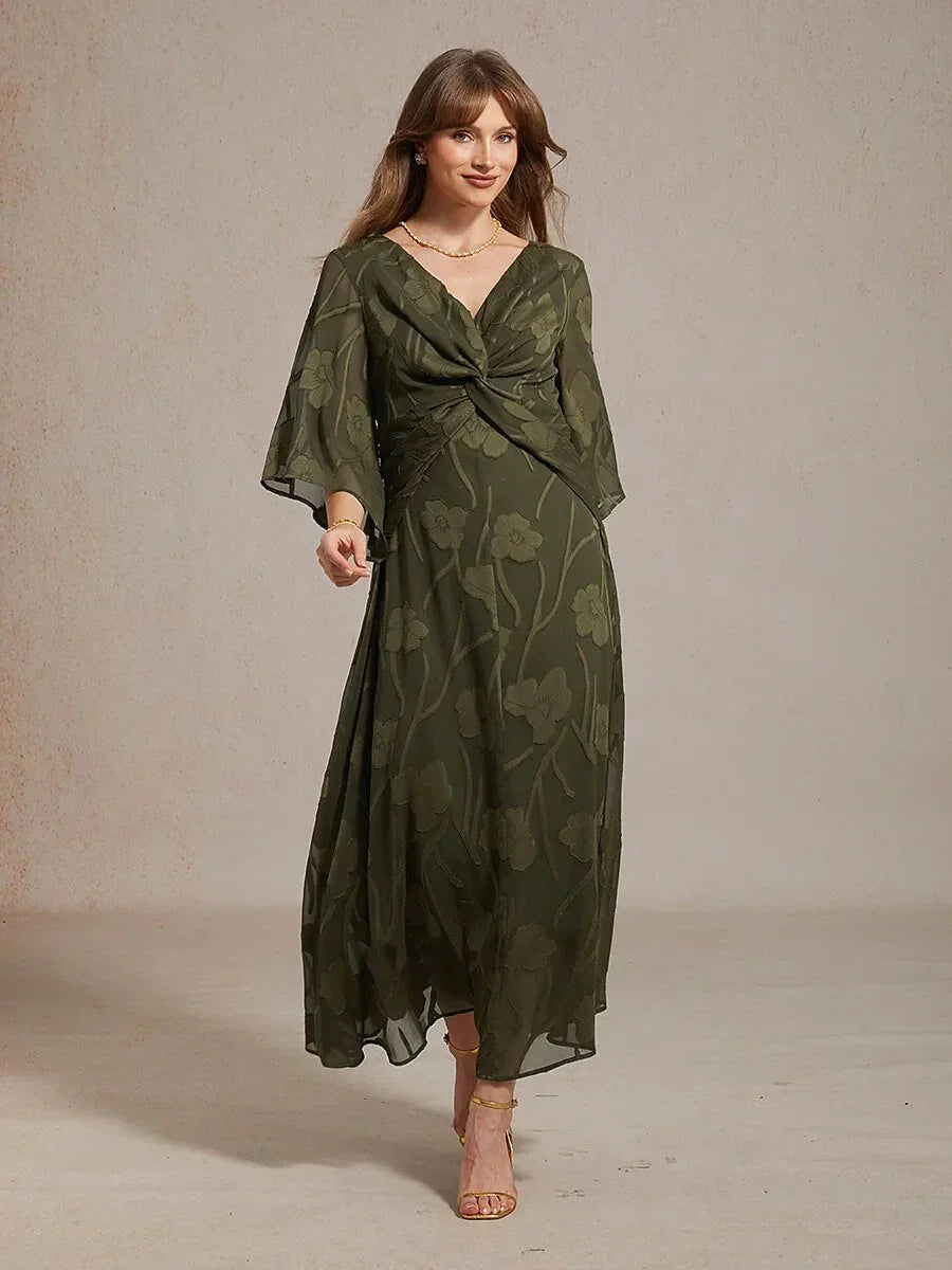 Chiffon Maxi-Jurk Met Kanten Bloemen En Gedraaide Ruches
