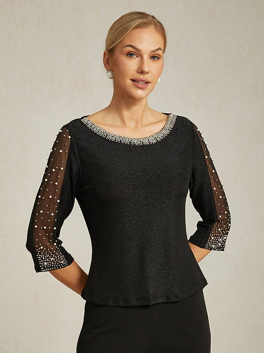 Met Kralen 3/4-Mouw Metallic Gebreide Blouse